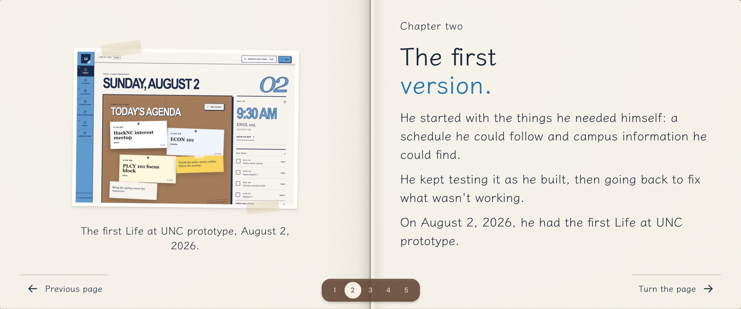 A spread from the Life At story album, chapter two: the first version