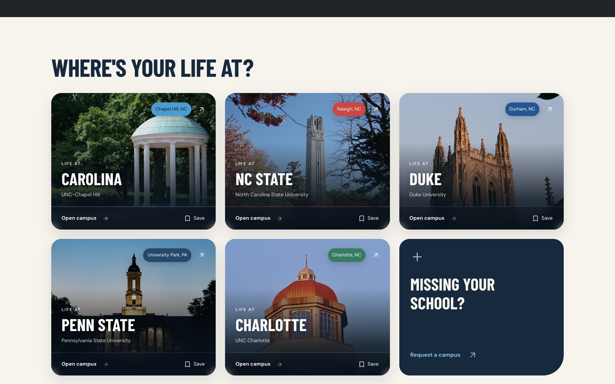 Life At campus picker showing the five supported universities