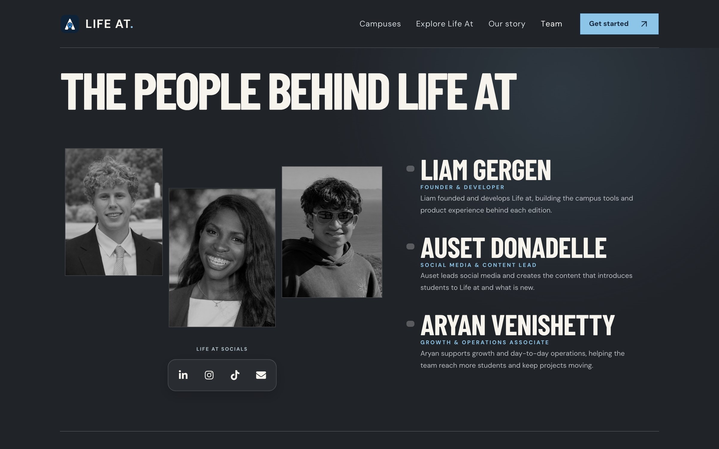 The Life At team page: Liam Gergen, Auset Donadelle and Aryan Venishetty