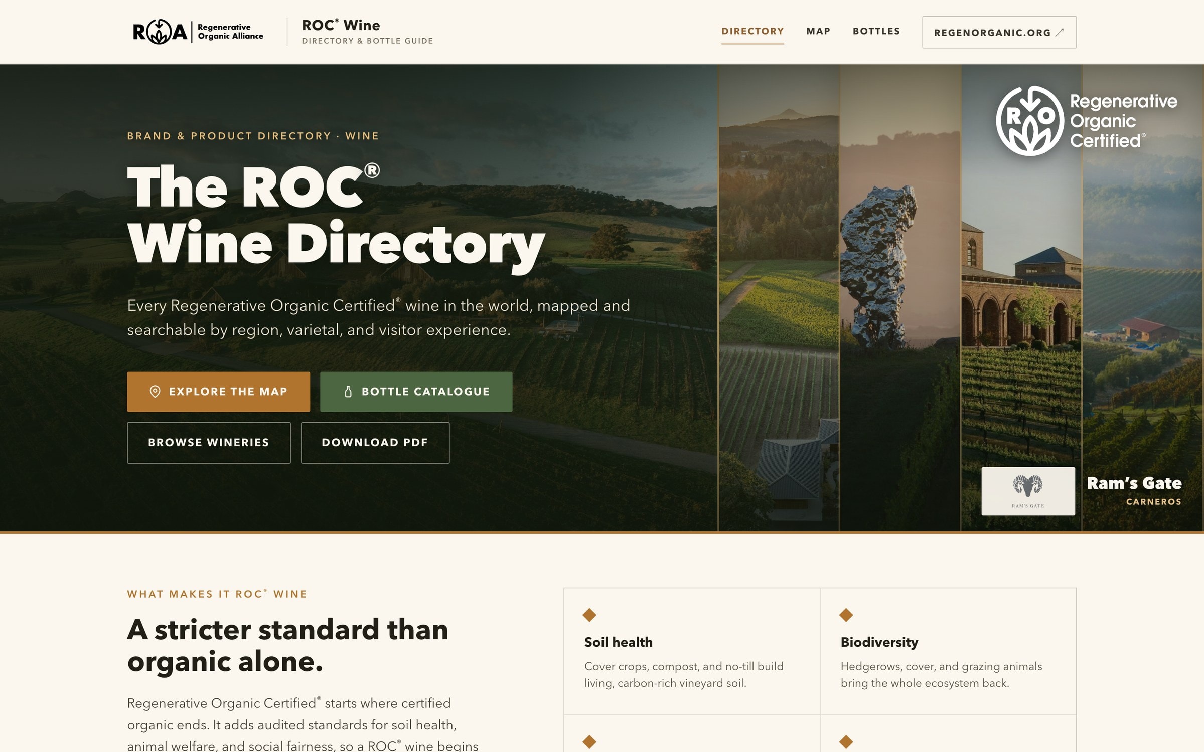 The ROC Wine Directory title page over vineyard photographs, with links to its map and bottle catalogue