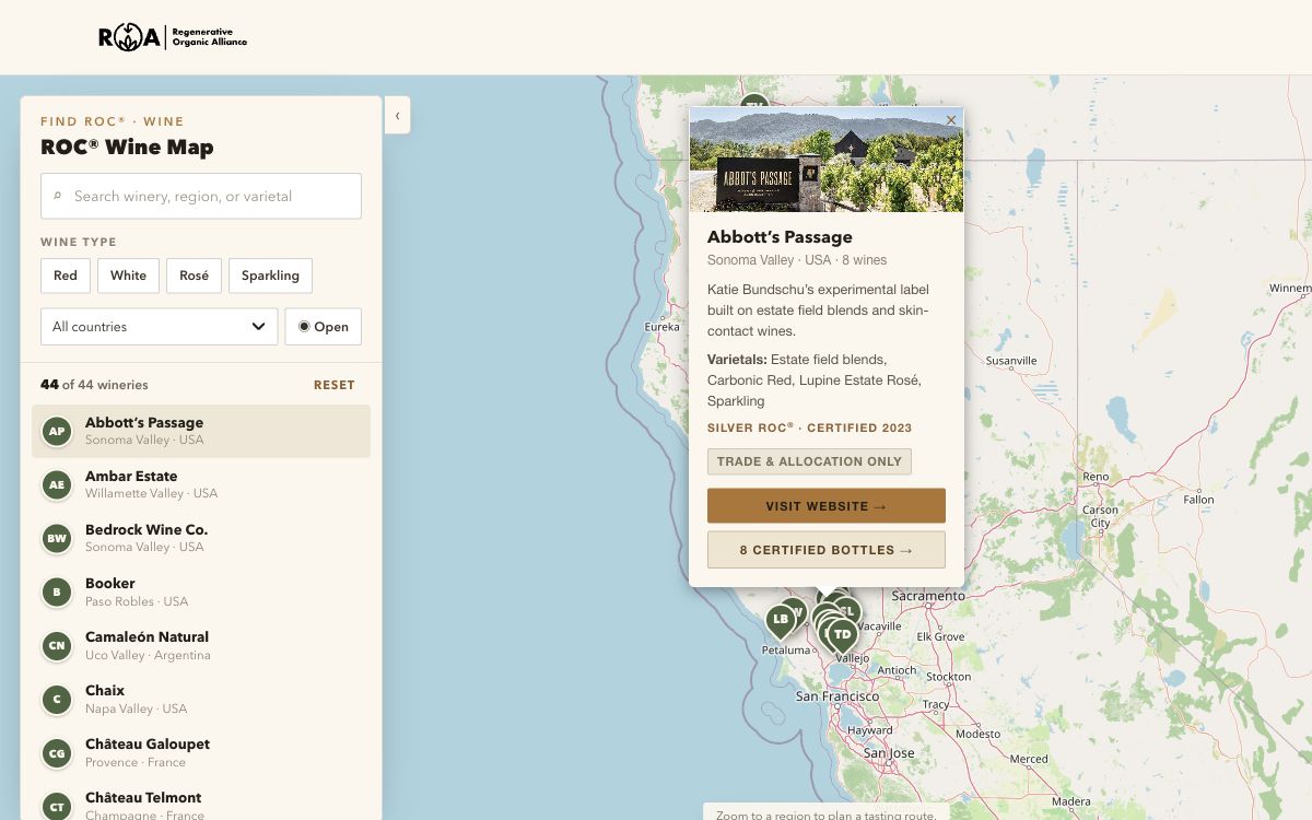 ROC Wine map focused on Abbott’s Passage, with its winery details open beside the directory
